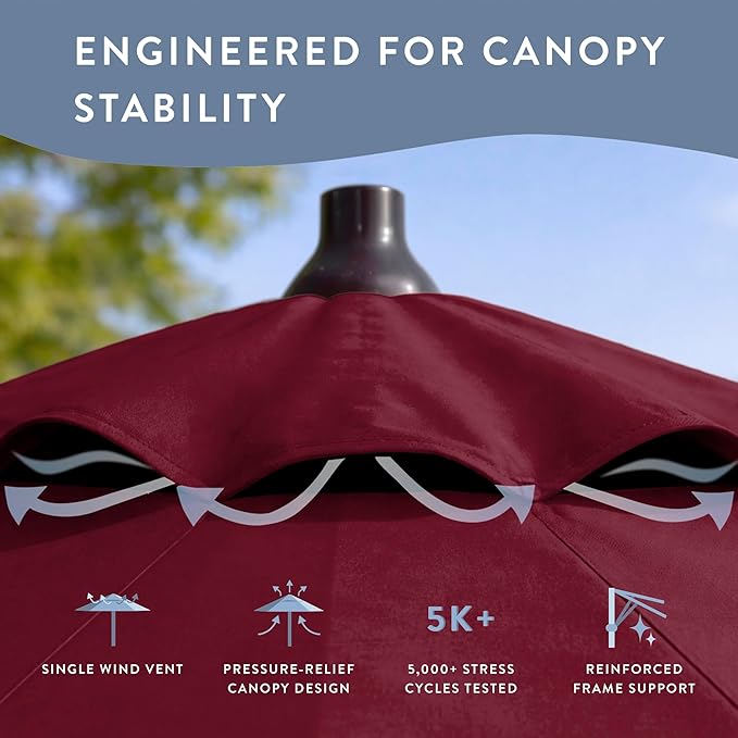 California Umbrella 10-Year Protection 9 Ft Outdoor Patio Umbrella, Pacifica Fade-Resistant Fabric, Auto-Tilt, Heavy Duty Aluminum Frame, 8 Reinforced Ribs for Pool or Deck, Bronze Pole, Burgundy