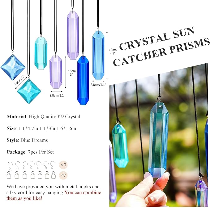 Crystal Prisms Suncatcher for Window Hanging, 7PCS Blue Dreams Sun Catcher | Gift For Mom Women Rainbow Maker Sun Catcher Indoor Window Home Garden Christmas Tree Decor