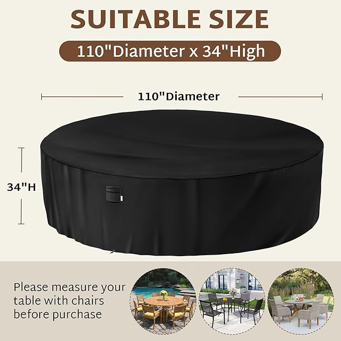 iBirdie Round Patio Furniture Cover 110 x 34 inch, 9 ft, Outdoor Waterproof and Weatherproof for Garden Table and Chairs, Heavy Duty 600D, fit 110, 108, 106, 105 Diameter