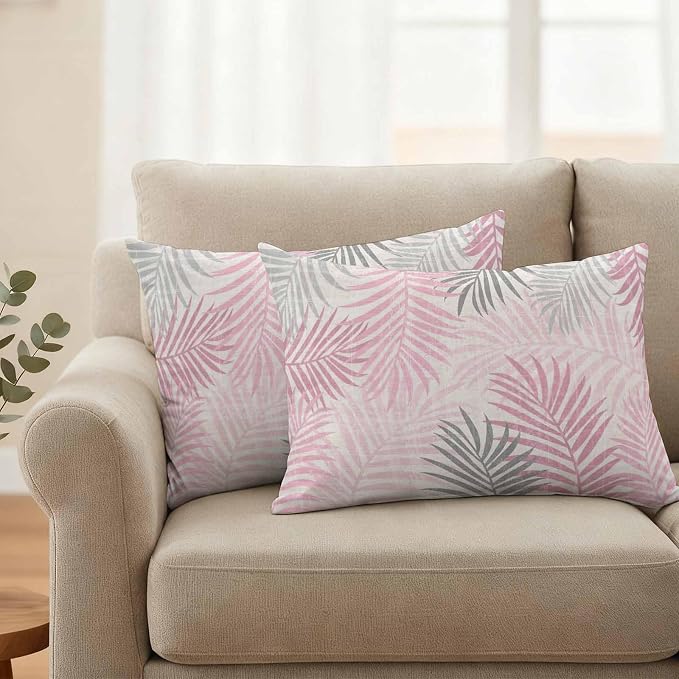 Outdoor Waterproof Throw Pillow Covers, Pink Grey Palm Leaves Decorative Pillow Cases, Summer Botanical Tropical Leaf Couch Pillow Protector Patio Sofa Cushion Covers Replacement 20"x12" 2 Pack