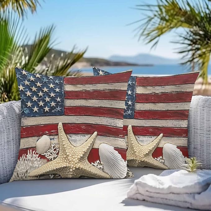 Coastal American Flag Outdoor Waterproof Throw Pillow Covers 26x26 Set of 2, Starfish Shell Vintage Decorative Pillowcases Cushion Pillowcase for Couch Sofa Patio Outside Pillow Protector