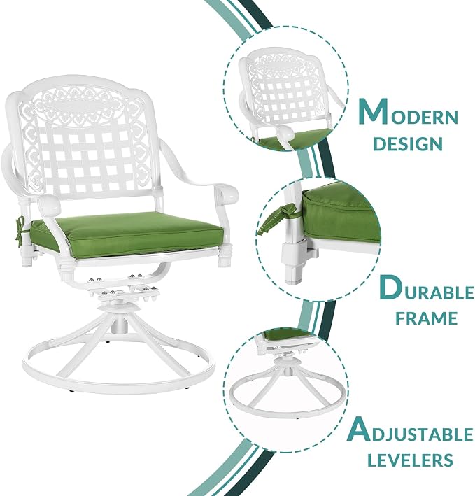 MEETWARM 3-Piece Outdoor Patio Dining Set, All-Weather Cast Aluminum Patio Conversation Set with 2 Cushions Swivel Rocker Chairs and 31" Round Table for Backyard Garden Deck, Umbrella Hole, White