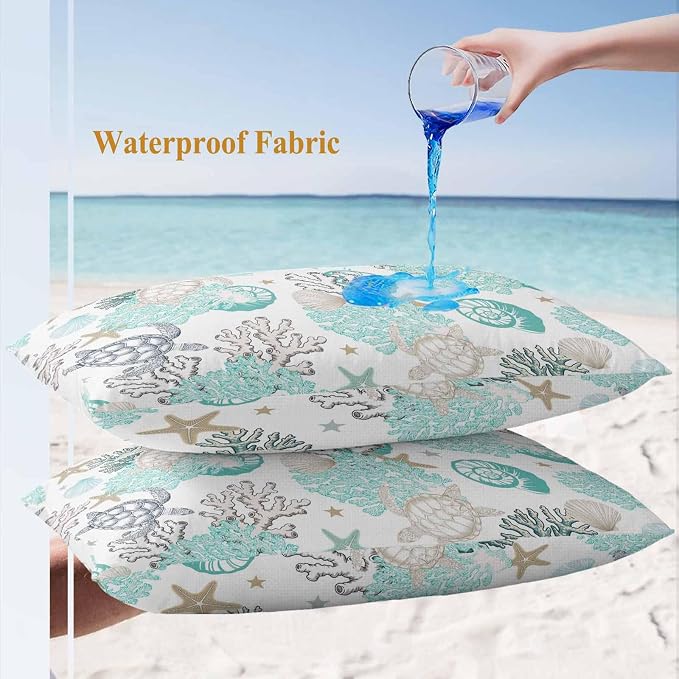 Summer Coastal Outdoor Throw Pillow Cover Ocean Sea Turtle Seaweed Waterproof Cushion Covers 2 Pack Teal Grey Abstract Art Pillow Cases Home Decoration for Patio Garden Couch Sofa 20x12In