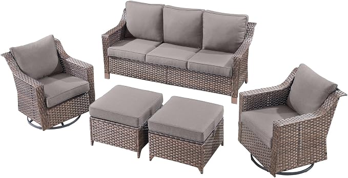5 Pieces Patio Conversation Sets-Outdoor Furniture All Weather Wicker Couch with Swivel Glider Chair Patio Conversation Set for Porch Garden Backyard Poolside-Brown/Grey