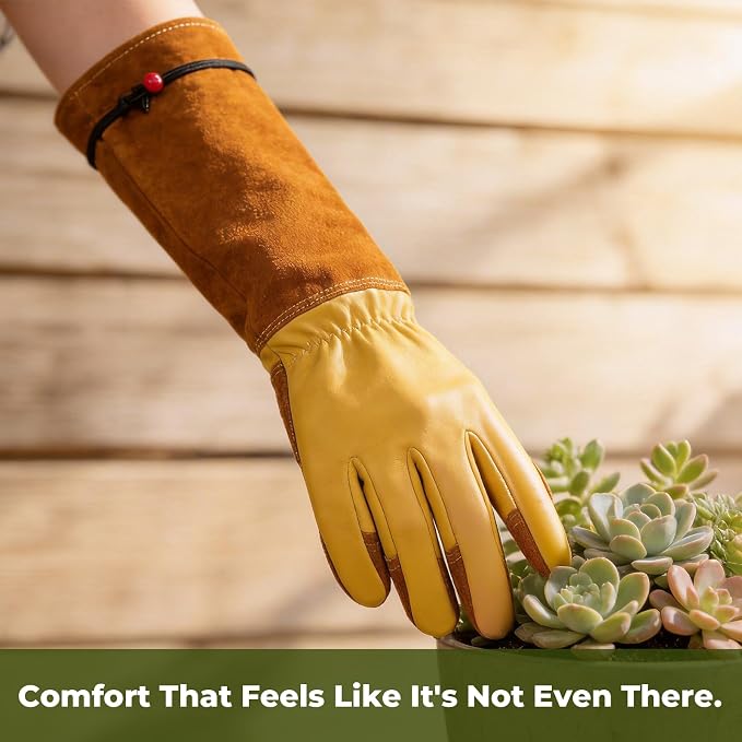 Aegend Long Gardening Gloves for Men, Reinforced Fingertips Cowhide Leather, Elbow-Length Gauntlet Cuff, Breathable & Durable for Yard Work Fit for Large Hands (Gold Yellow, XL)