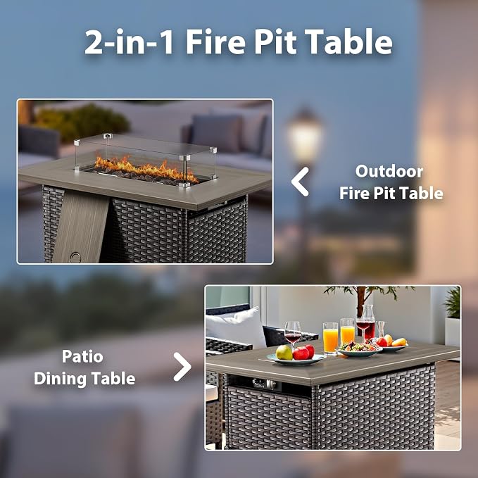 5 Piece Outdoor Patio Furniture Set with Fire Pit Table, Wicker Patio Conversation Set with 2 Swivel Rocker Chairs Rattan Sofa and Removable 5" Thick Cushions for Deck Backyard Blue