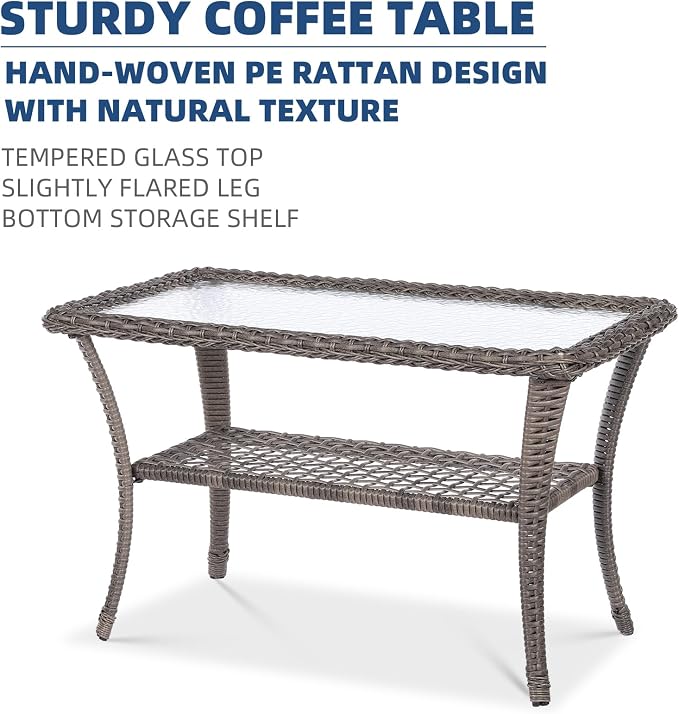4-Piece Wicker Patio Furniture Sets Outdoor All-Weather Rattan Conversation Set Includes Glider Loveseat, Glass-Top Coffee Table, 2 Rocking Chairs with Thickened Cushions, Gray