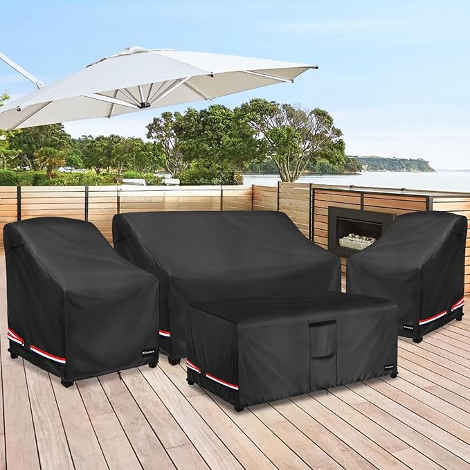 Rileytee Patio Furniture Set Covers, 4 Pcs 600D Heavy Duty 100% Waterproof Outdoor Furniture Cover, Fit Patio Loveseat, Chair and Coffee Table (Black,Large)
