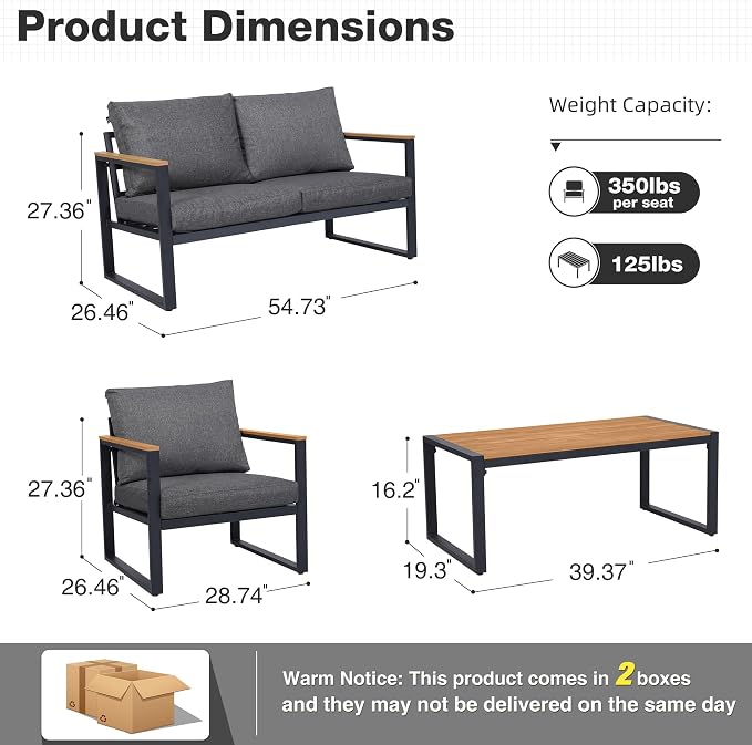 Patio Furniture Set, 4 Pieces Outdoor Patio Furniture with Coffee Table Set, Metal Patio Conversation Sets with Washable and High-Resiliency Sponge Cushions,Upgarded Grey