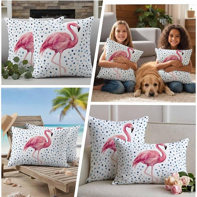Flamingo Outdoor Waterproof Throw Pillow Covers 24 x 24 Inches Set of 2 Art Flamingo Blue Polka Dots Summer Tropical Decorative Cushion Cover Pillowcase for Garden Patio Tent Beach Sofa Couch