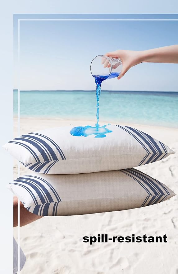 Outdoor Waterproof Pillow Covers for Patio Furniture Blue Ticking Vertically Stripe Decorative Throw Pillow Cover Simple Style White Pillowcases Set of 2 Cushion Case for Sofa Couch Chair 20 x 12 In