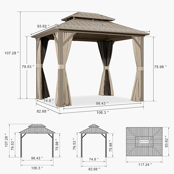 PURPLE LEAF 8' x 10' Outdoor Gazebo, Champagne Hardtop Metal Gazebo with Galvanized Steel Double Roof, Curtains and Netting for Patio Lawn and Garden