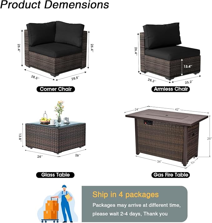 8 Piece Patio Furniture Set with Fire Pit Table, Outdoor Sectional Sofa PE Rattan, Patio Conversation Sets with Cushions for Garden Lawn Balcony Porch Deck Black