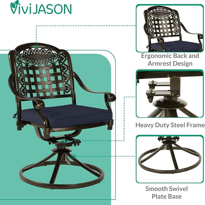 VIVIJASON 9-Piece Outdoor Dining Set, Cast Aluminum Patio Table & Chair Furniture Set for 8, Include 64" Square Dining Table, 4 Swivel Rocker Chairs, 4 Stationary Chairs, Umbrella Hole, Navy Blue