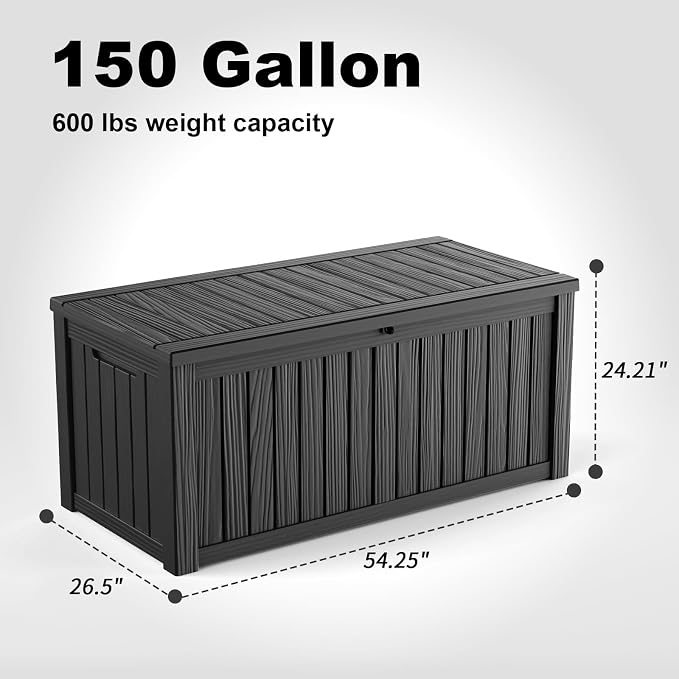 ROJIK 150 Gallon Waterproof Outdoor Deck Storage Box, Lockable Resin Patio Storage Bin with Lid for Garden Tools, Patio Cushions & Outdoor Accessories(Black)