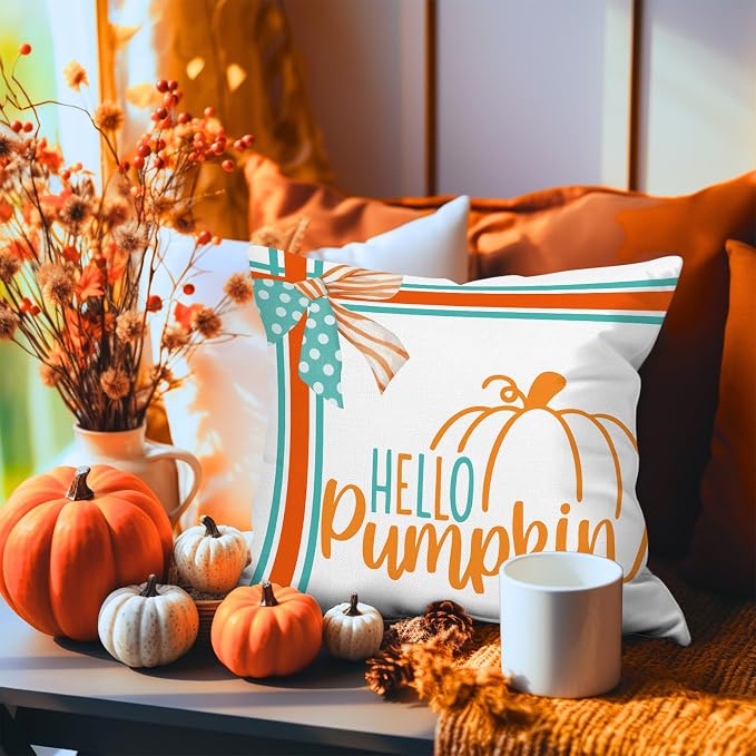 Jarrtinle Hello Pumpkin Fall Outdoor Throw Pillow Covers Waterproof 18x18 Maple Leaves Farmhouse Patio Cushion Cases Inch for Porch Couch Bench Set of 2 Thanksgiving Decorations