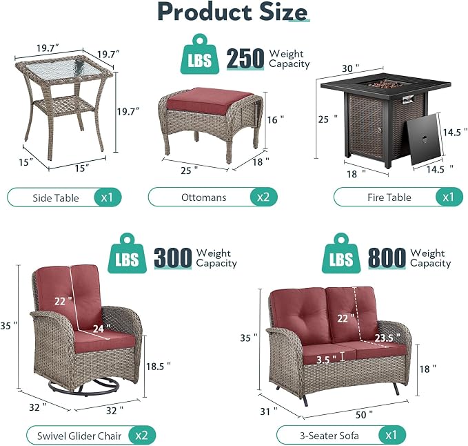 7 Piece Patio Furniture Set with Fire Pit Table - Wicker Patio Conversation Set with Swivel Glider, Glider Loveseat, Side Table and 2 Ottomans for Deck Backyard - Grey Wicker Red Cushion