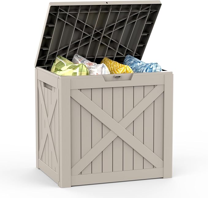 Mars Villa 31 Gallon Deck Box, Outdoor Storage Box Waterproof, Outside Resin Storage Bin for Outdoor Patio Furniture Cushion, Pool Supply, Garden Tool, UV-Resistant and Weatherproof, Greige Barn