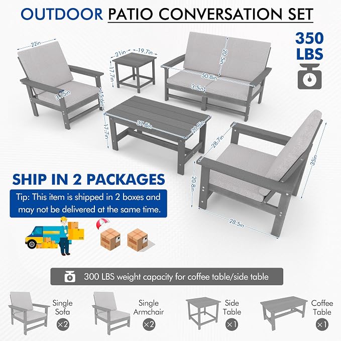 6-Piece HDPE Patio Furniture Set, All-Weather Outdoor Sectional Sofa Set w/Coffee Table+Side Table - Wood-Like Composite Conversation Couch for Deck, Lawn, Balcony - Grey Frame with Cushion
