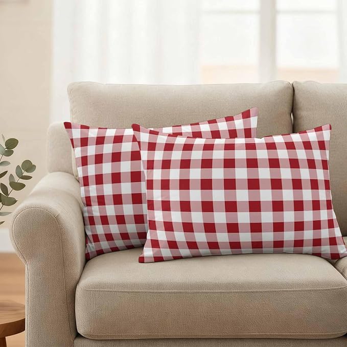 Outdoor Throw Pillow Covers,Red Pink and White Plaid Waterproof Decorative Pillowcases Cushion Cover Pastoral Farm Style Pillow Cases for Patio Couch Sofa Bed,20x12in Set of 2