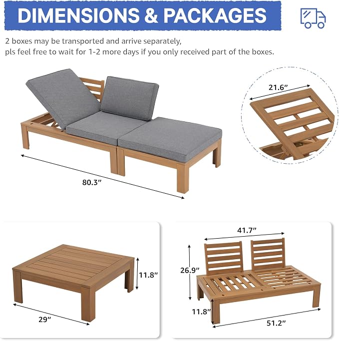 SUNSITT 2 Piece Acacia Wood Patio Furniture Outdoor Loveseat Sofa Set with Adjustable Armrest, FSC Certified L-Shaped Patio Set w/2-in-1 Coffee Table, Grey Cushions for Garden