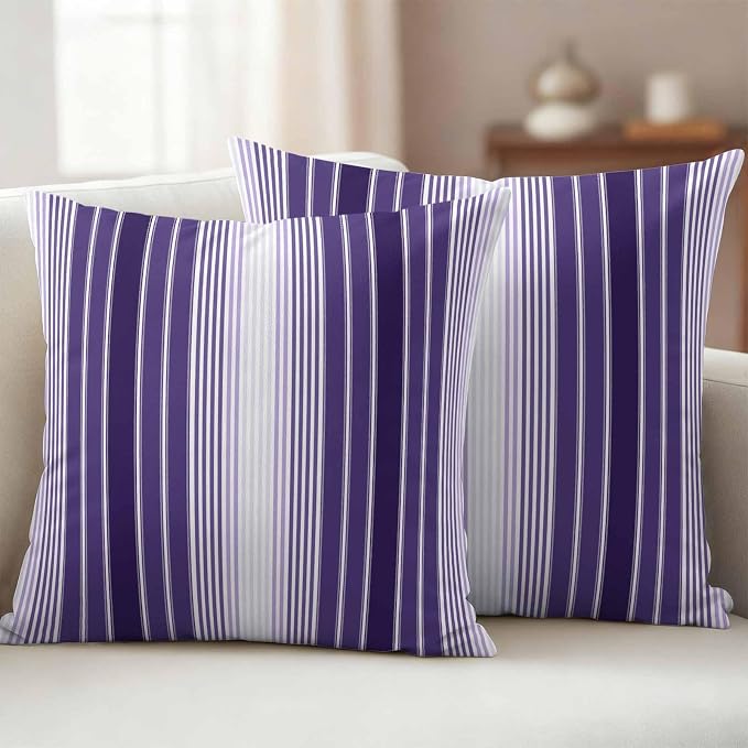 Outdoor Waterproof Throw Pillow Cover, Farmhouse Purple Gradient Line Decorative Pillows Cushion Covers, Modern Minimalist Stripe 2 Pack Pillow Cases for Patio Garden Balcony Couch Sofa 20x20in
