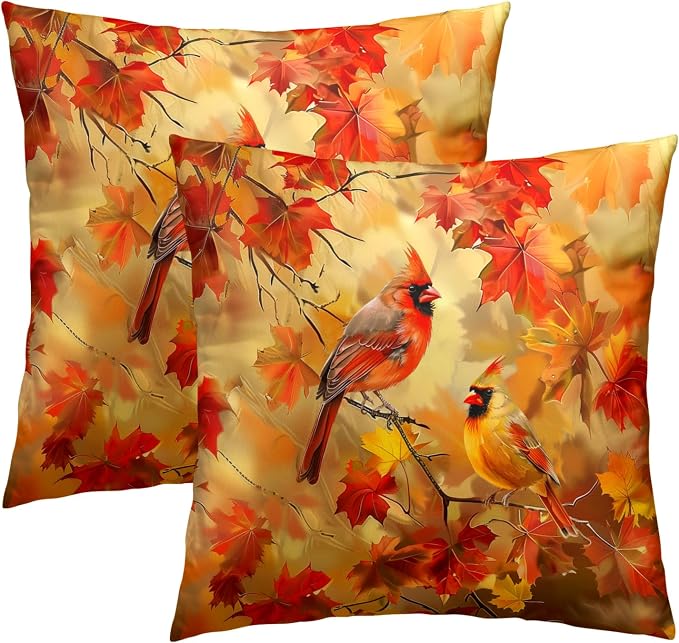 Fall Throw Pillow Covers 22x22 Set of 2, Autumn Maple Leaves Birds Harvest Season Decorative Pillow Cases Cotton Linen Cushion Cover for Living Room Bed Sofa Car Home Decor