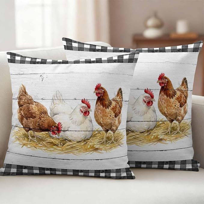 Farmhouse Rooster Outdoor Waterproof Pillow Covers, Farm Chicken Animals Retro Grey Wooden Decorative Square Throw Pillowcase Sofa Cushion Sham for Patio/Couch/Chair, 16"x16" 2 Pack