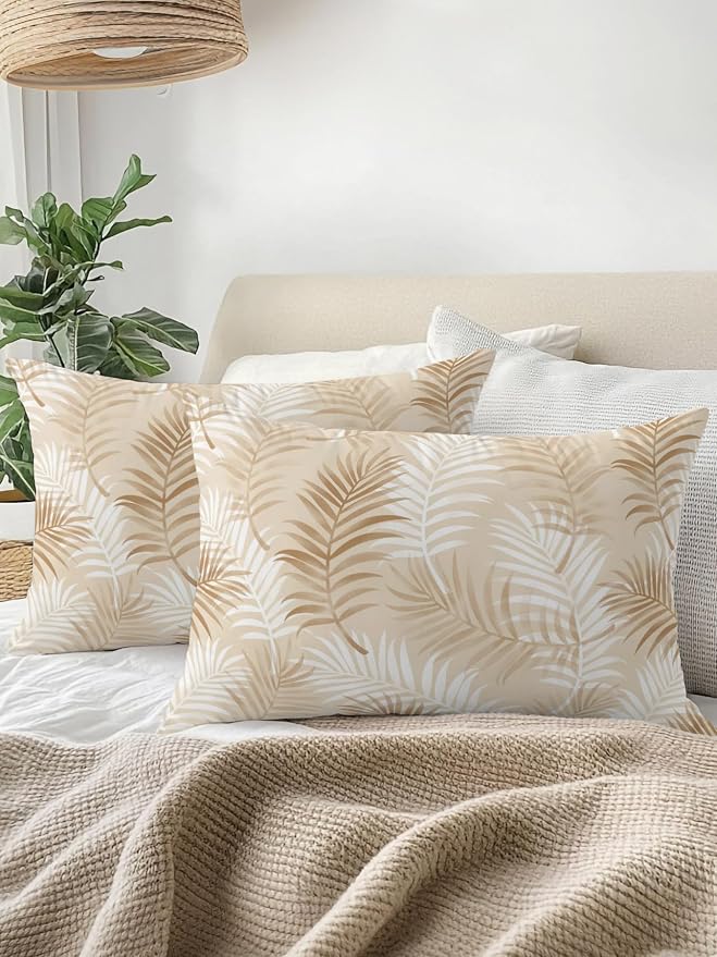 Waterproof Outdoor Pillow Set of 2 Cream Tropical Palm Leaves Decorative Throw Pillows Cover & Insert 20x12 Inch Lumbar Pillowcase Summer Jungle Foliage Pillows for Couch Sofa Bed Patio Furniture