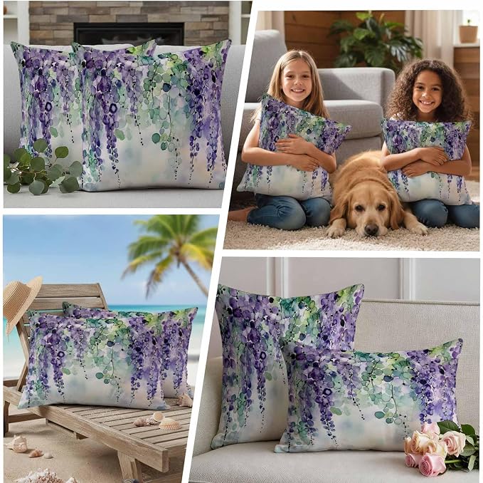 Purple Green Lavender Outdoor Pillow Covers Set of 2 Modern Abstract Romantic Watercolor Flower Leaf Waterproof Throw Pillow Cover Decorative Cushion Cases for Patio Porch Garden 20X20 Inch