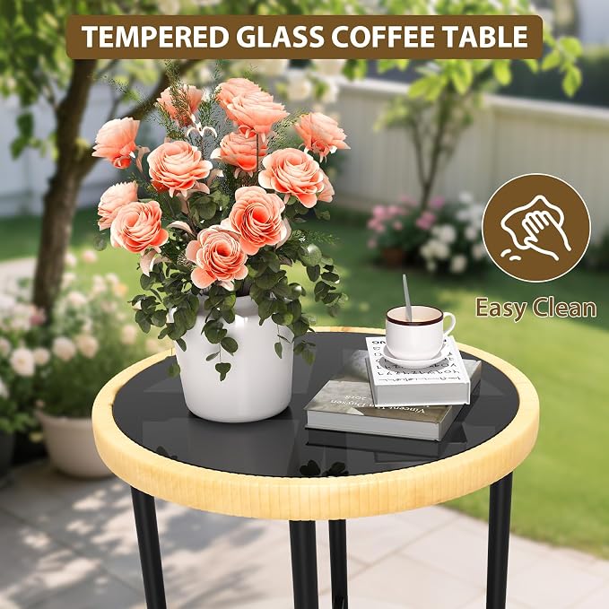 TrailBlaze All-Weather 3-Piece Outdoor Rattan Patio Sofa Set - PE Wicker Conversation Set with Glass Coffee Table, Thick Cushions, Lightweight & Space-Saving - Ideal for Balcony, Garden, Backyard
