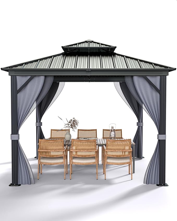 12x12 Gazebo Hardtop, Aluminum Frame Gazebos with Galvanized Steel Double Roof, Mosquito Net & Privacy Curtain,for Patio, Porch, Garden, Lawn, Deck, Backyard