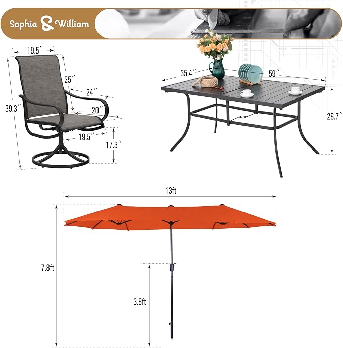 Sophia & William Patio Set with Umbrella 8 Pieces Outdoor Dining Set for 6 with 13ft Outdoor Orange Red Umbrella, 6 x Swivel Patio Chairs with 59" Dining Table for Lawn Garden (No Umbrella Base)