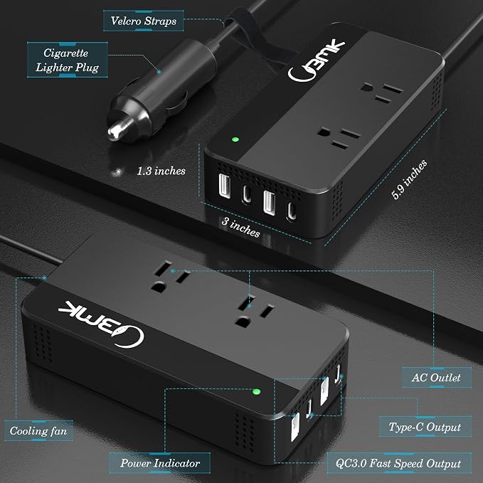 200W Car Power Inverter 12V DC to 110V AC Converter with 2 AC Outlets & 4 USB Ports, Dual QC3.0 + 2 USB-C PD 18W, Cigarette Lighter Plug Adapter for Laptop Tablet Road Trip