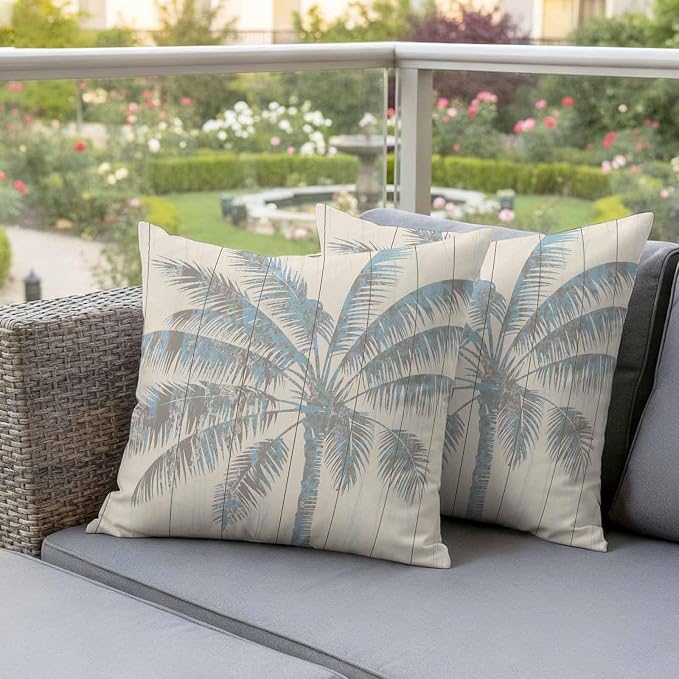 Pack of 2 Blue Beige Palm Tree Outdoor Pillow Covers Decorative, Summer Tropical Botanical Waterproof Pillow Protector, Vintage Throw Pillowcases Accent Cushion Cases for Patio Couch Sofa 26"x26"