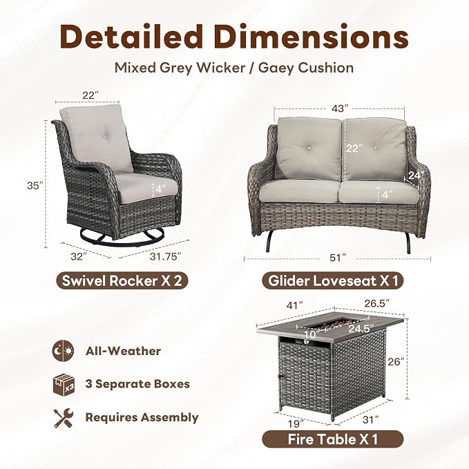 Belord 4 Piece Patio Wicker Furniture Set, Outdoor Swivel Rocker Chairs, All Weather Outdoor Patio Loveseat Set with Fire Pit Table for Deck Porch, Gray Wicker/Gray