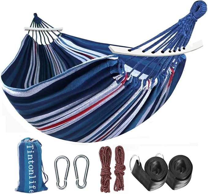 Brazilian Double Hammock 2 Person Canvas Cotton Hammock for Patio Porch Garden Backyard Lounging Outdoor,Indoor Blue/White Stripe Hammock