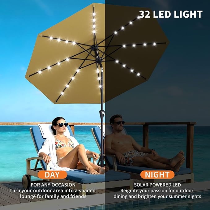 Garvee 10FT Solar Patio Umbrella with 32 LED Lights - Outdoor Table Umbrella with Crank Lift, Push Button Tilt and 8 Sturdy Ribs - Market Umbrella UV Protection for Pool, Deck, Yard, Garden -Tan