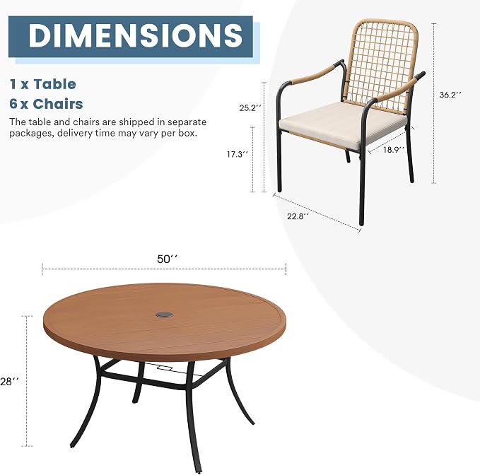 DIFY 7 Pieces Outdoor Dining Set for 6, 50" Round Dining Table with Umbrella Hole & Wicker Stackable Patio Chairs with Cushions, Metal Patio Table and Chairs Set for Backyard Porch Garden, Walnut