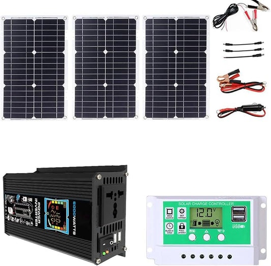 6000W Solar Generator Kit - 12V to 110V/220V Inverter, Dual USB Ports, 75W Foldable Solar Panel, 4 USB Output, 50A Controller, Portable Off-Grid Power System for Home & Outdoor Use (Black)