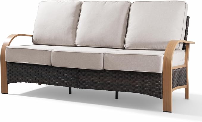 Belord Upgraded 6" Cushion Luxury 3-Seater Outdoor Couch, Wicker Patio Sofa with 6-Inch Thick Cushions, All Weather Rattan Conversation Set Furniture for Balcony Porch Deck Yard, Wood & Beige