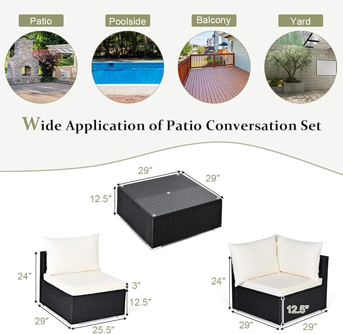 COSTWAY 7 Pieces Patio Furniture Set, Outdoor Rattan Conversation Set with 6 Seats, Coffee Tea Table, Soft Cushions, Wicker Patio Sectional Sofa for Garden Balcony Porch Poolside, Beige