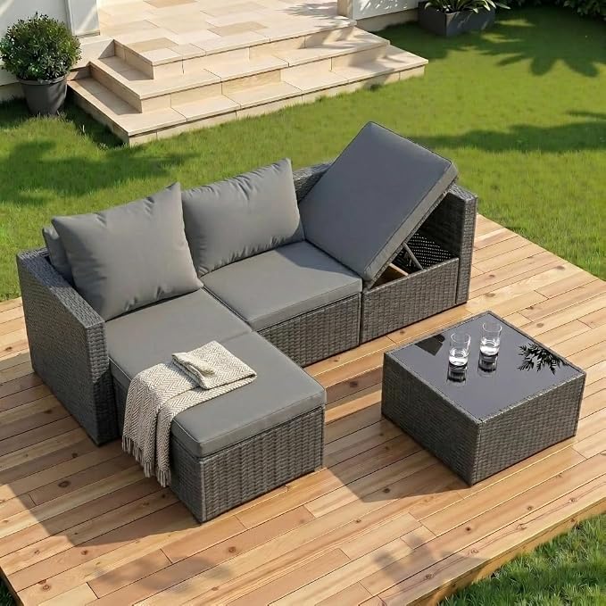 Shintenchi 4 Pieces Patio Furniture Set, 2-in-1 Convertible Sectional Sofa & Chaise Lounge, All-Weather Wicker Rattan Sofa Couch with Cushions & Coffee Table for Yard, Garden, Porch, Poolside (Gray)
