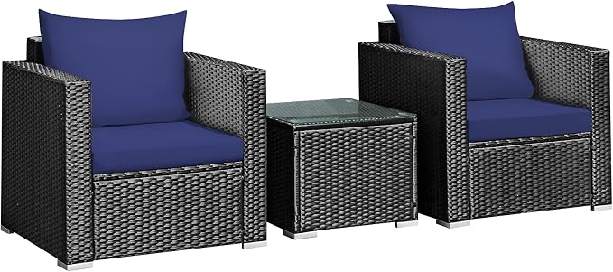 Tangkula 3 Pieces Patio Furniture Set, PE Rattan Wicker Sofa Set w/Washable Cushion and Tempered Glass Tabletop, Outdoor Conversation Furniture for Garden Poolside (Navy Blue)