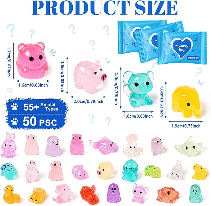 50pcs Luminous Mini Resin Animals, Resin Animals Mystery Bags, Individually Wrapped Blind Bags, Glow in The Dark Tiny Animal Figurines for Fairy Garden, Aquarium, Party Favors & Home Decor Crafts
