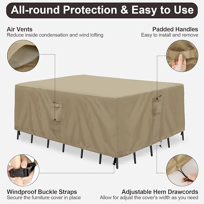 PureFit Patio Furniture Covers, Outdoor Table Furniture Cover Waterproof Rectangle, Patio Sectional Couch Set Cover for Deck, Lawn and Backyard, UV Resistant, 126"L x 63"W x 28"H, Camel