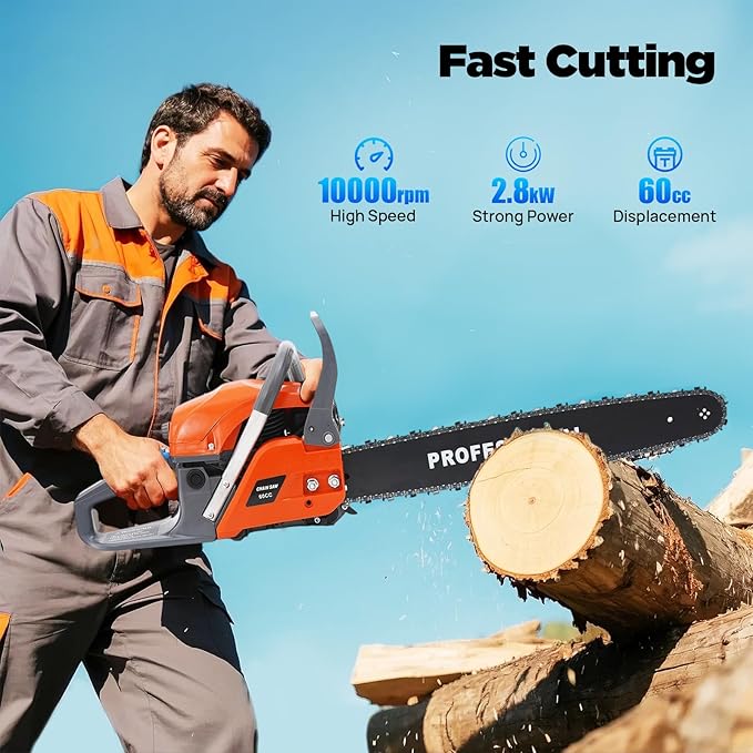 60cc 22inch Chainsaw Gas Powered, 2 Stroke Handheld Cordless Petrol Chainsaws With Fuel Tank, Heavy Duty Gasoline Chainsaw For Wood Trees Cutting Garden Farm Ranch Home