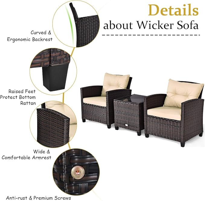 Tangkula 3 Pieces Patio Furniture Set, PE Rattan Wicker 3 Pcs Outdoor Sofa Set w/Washable Cushion and Tempered Glass Tabletop, Conversation Furniture for Garden Poolside Balcony (Beige)