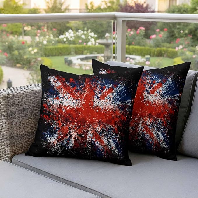 4th of July Outdoor Throw Pillows Covers 18x18 inch Set of 2 Waterproof British Flag Decorative Zippered Cushion Covers for Patio Furniture, Retro National Flag Independence Day Lumbar Pillowcases