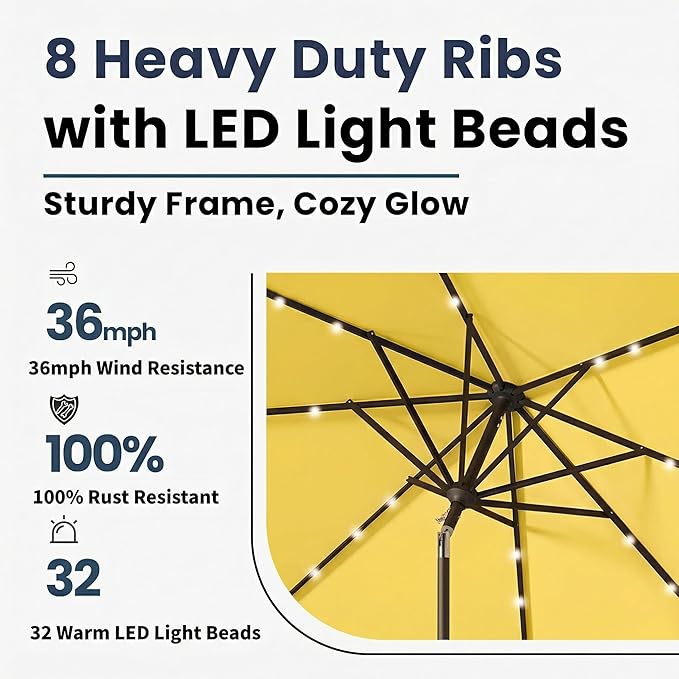 9FT Solar Umbrella 32 LED Lighted Patio Umbrella Table Market Umbrella w/Tilt and Crank, UV-Resistant Outdoor Umbrella for Pool, Garden, Deck, Sunshine Yellow
